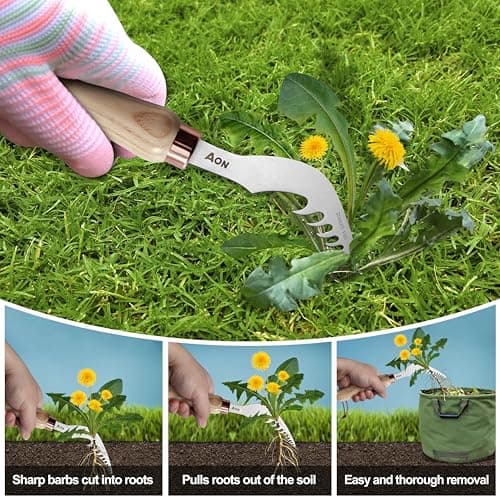 AON 2-Pack Hand Crack Weeder Puller Tool Set - Made with Heat Treated Steel and Ash Wood Ergonomic Handles, Weeding Tools Ideal for Gardens and Patio Lawns to Effectively Pull Out Weeds & Their Roots