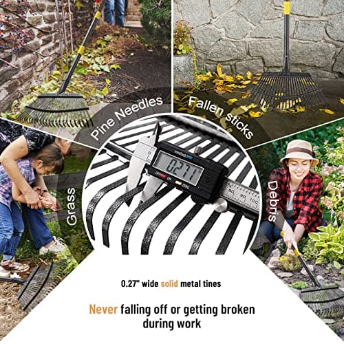 Garden Rake - Large Leaves Rakes for Gardening - 25 Metal Tines 18" Wide - 78" Long Handle Leaf Rakes for Lawns Heavy Duty for Yard Lawn Shrub Garden Beds
