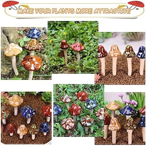 8Pcs Ceramic Garden Mushrooms Figurine Decorative Plants Stakes Accessories Lawn Ornaments Statue for Outdoor (Random Color) (Blooming-1)