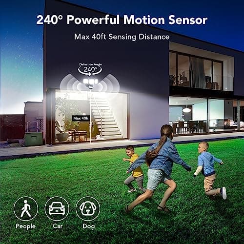 OREiN 3500LM/26W Flood Lights Outdoor, 240°/40FT Big Motion Sensor Outdoor Lights Dusk to Dawn Security Lights IP65 Waterproof 3 Modes for Outside 3500SQ.FT Front Door, Garage, Black (Hardwired)