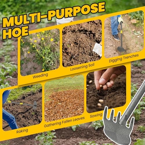 Hoe Garden Tools, Pointed Hoe for Weeding, Iron Tines for Loosening Soil, Hoe Cultivator 2 in 1 Manual Garden Tools, 17-60 Inch Long Handle Heavy Duty Garden Hoe, Black