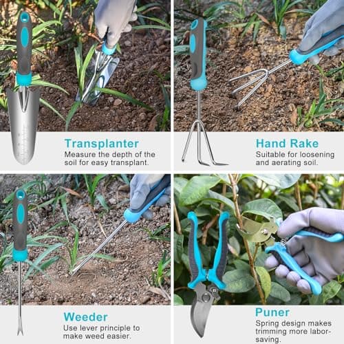 10 Piece Heavy Duty Stainless Steel Garden Tools Set with Ergonomic Rubber Handle. Variety of Gardening Hand Tools for Planting. Ideal Garden Gifts