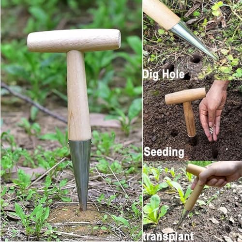 Hand Dibber Stainless Steel Sow Dibbler with Wooden Handle Garden Hole Punch Dibbler Tool for Planting Flowers Tulips, Transplanting Plants,Transplanting Seedling (Garden Dibbler)