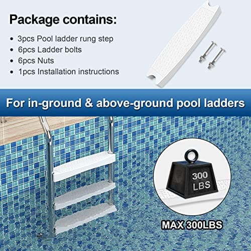Goovilla Pool Ladder Steps Replacement, (3-Pack) 18" Universal Heavy-Duty Molded Plastic Swimming Pool Ladder Rung Step with 6 PCS Stainless Steel Bolts for Inground and Above Ground Pools, White