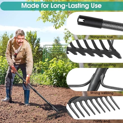 Rake, 49 Inch Garden Bow Rake with 17 Tines, Heavy Duty Raking Tool for Gardening Landscaping Loosening Soil Leveling Mulching Gravel Gathering Leaf Thatch Lawn Care