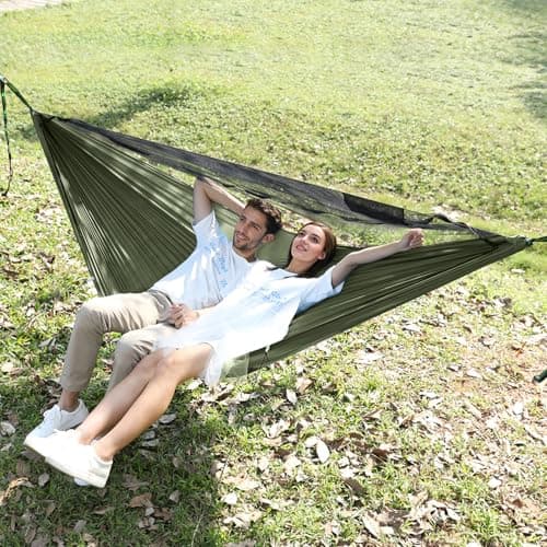 Camping Hammock with Mosquito Net and Ridge Rope, Extra Large for 2 Person, Lightweight Hanging Hammocks Tree Straps, All-in-one Fast Open Hammock for Outside, Hiking, and Travel