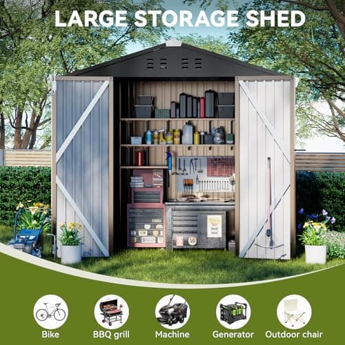 COMHOMA Shed Outdoor Storage Shed Metal,Lockable Doors Tool Sheds with Sloping Roof,Steel Garden Shed with Air Vent for Backyard,Patio,Lawn,Poolside (Brown, 6x4)
