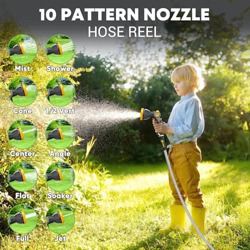 SILVEL Retractable Garden Hose Reel, 1/2 in x 110 ft Wall Mounted Garden Hose Reel, with 10 Pattern Nozzle, Any Length Lock, Slow Return System, 180°Swivel Bracket