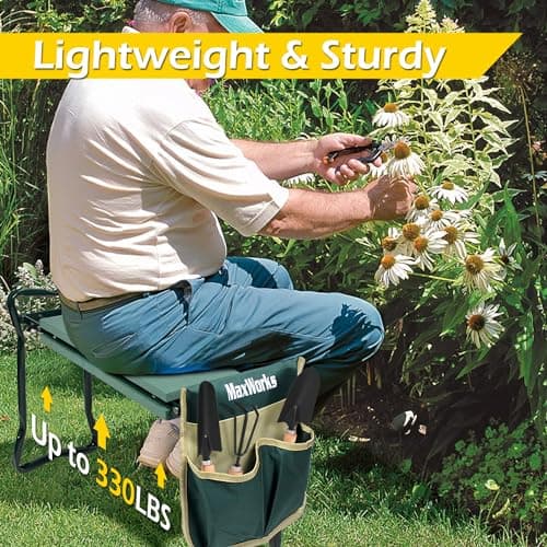MaxWorks 50921 Folding Garden Kneeler Stool with 8 inch Wide Kneeling Pad, with 1 Tools Pouch for Planting and Gardening