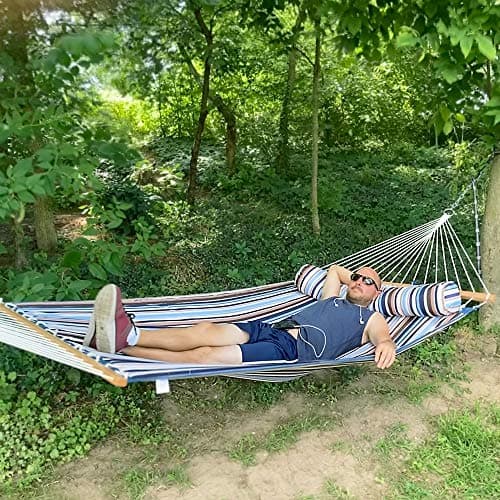 Sunnydaze Quilted Outdoor Hammock with Spreader Bars - Heavy-Duty 450-Pound Capacity Double Hammock for Outside - Ocean Isle
