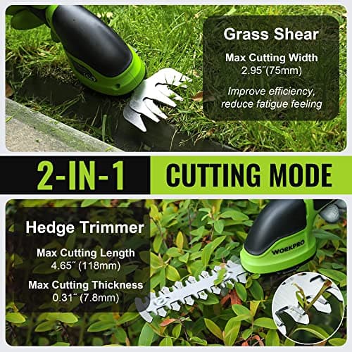 WORKPRO Cordless Grass Shear & Shrubbery Trimmer - 2 in 1 Handheld Hedge Trimmer Electric Grass Trimmer Hedge Shears/Grass Cutter Rechargeable Lithium-Ion Battery and Type-C Cable Included (Green)