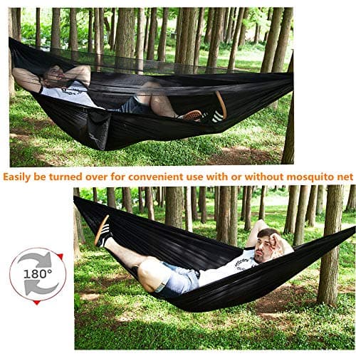 Camping Hammock with Rain Fly Tarp Mosquito Net Heavy Duty Tree Straps Portable Double Parachute Hammocks Tent Waterproof Rainfly Set Black