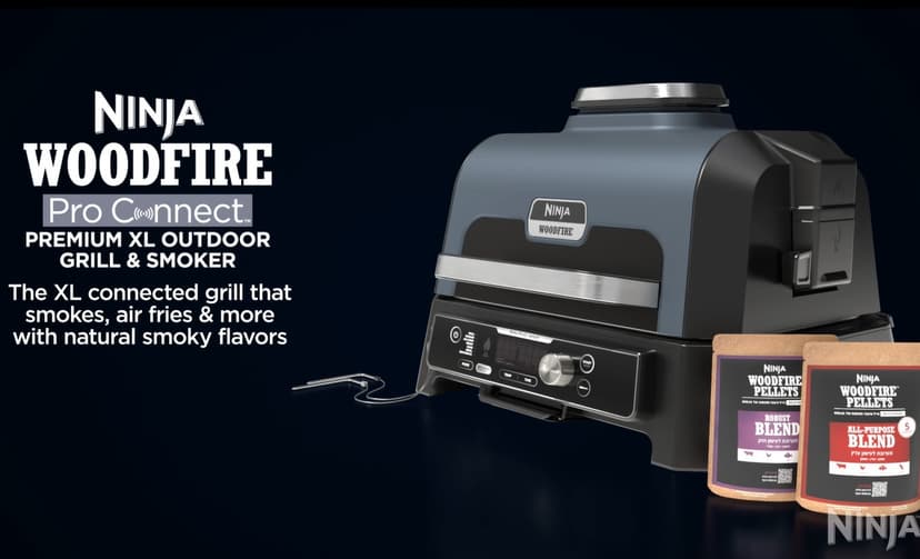 Ninja OG951 Woodfire Pro Connect Premium XL Outdoor Grill & Smoker, Bluetooth, App Enabled, 7-in-1 Master Grill, BBQ Smoker, Outdoor Air Fryer, Woodfire Technology, 2 Built-In Thermometers, Black