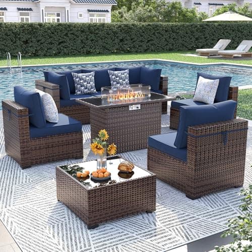 UDPATIO Patio Furniture Set with Fire Pit Table, 8 Piece Outdoor Sectional Modular Sofa, Wicker Outdoor Furniture Conversation Sets with Waterproof Cover for Backyard Deck (Brown/Navy Bule)
