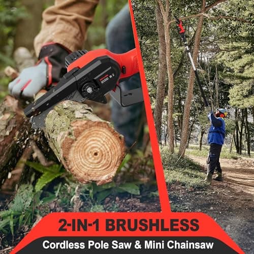 Cordless Pole Saw, 2-in-1 6" Battery Powered Pole Saws for Tree Trimming, 20V 2.0Ah Battery Mini Chainsaw with Pole, 15ft Reach Small Pole Saw for Wood Cutting, Trimming