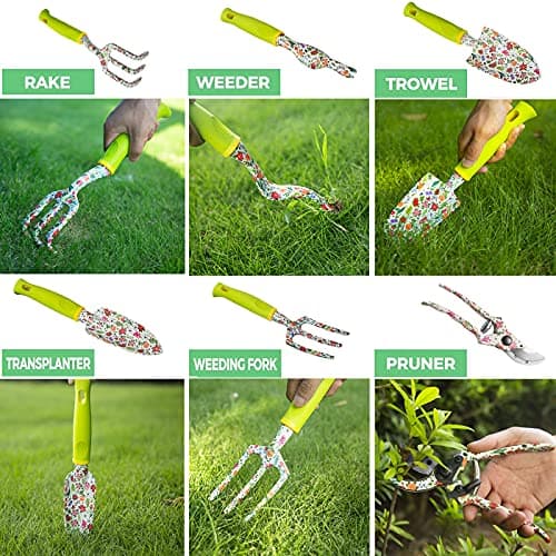 Garden Tool Set 9 Piece Heavy Duty Aluminum Gardening Hand Tools Kit Cute Gardening Supplies with Non-Slip Rubber Grip Gift for Women/Parent
