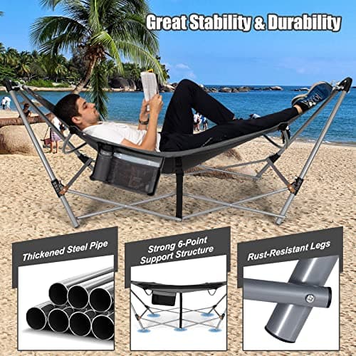Portable Folding Hammock w/Side Pocket, Lounge Camping Bed w/Metal Stand & Anti-tip Buckles, Outdoor Camping Hammock with Carrying Bag for Patio Garden Yard, Easy Assembly (Grey)