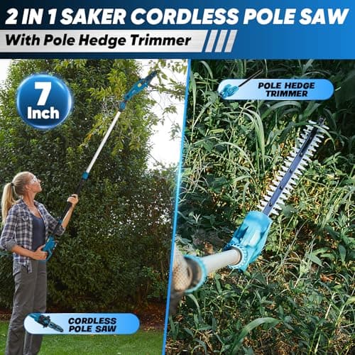 Saker Pole Saw and Pole Hedge Trimmer for Tree Trimming,66.9-98.4Inch Electric Pole Saw and Hedge Trimmer with Extension Pole,Cordless Electric Trimming Tools with Pole and 2.0Ah Battery & Charger