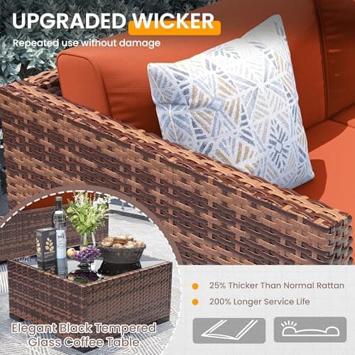 UDPATIO Patio Furniture Set With 44'' Fire Pit Table,Modular Outdoor Furniture Sets,Slanted Back Outdoor Sectional Conversation Set PE Rattan Sofa for Backyard W/Coffee Table,4'' Cushions,8 PCS,Orange