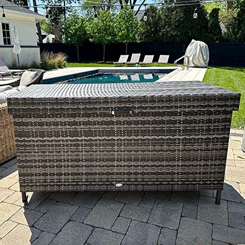 YITAHOME 200 Gallon Large Wicker Deck Box w/Storage Net, Rattan XL Outdoor Storage Box Patio Cushion Storage, Waterproof Storage Box for Patio Furniture, Garden Tools, Pool Sports Equipment (Grey)