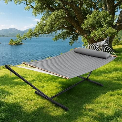 SUPERJARE Hammock with Stand, 2 Person Quilted Outdoor Hammock, Detachable Pillow & Bamboo Spreaders, Portable Hammock with Carrying Bag, Heavy Duty Stand, Perfect for Outside, Patio, Gray