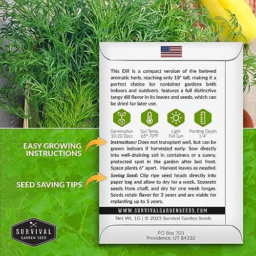 Survival Garden Seeds Compact Dill for Planting - 1 Seed Packet with Instructions to Plant & Grow Container Sized Dwarf Dill Herb Plants in Your Home Garden - Non-GMO Heirloom Variety