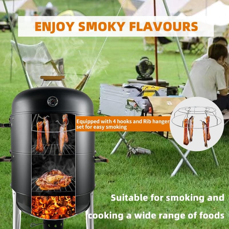 20.5" 3-in-1 BBQ Smoker Grill Built in Thermometer, Air Vent and 2 Access Doors, Multi-Layer Meat Smoker with 5 Bamboo Handles and Rib hanger set with 4 Hooks, Parties, Backyard, BBQ