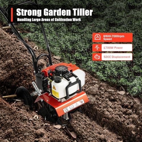Garden Tiller Cultivator,52CC 2-Stroke Gas Powered Engine Rototiller Garden Tool with Widened Mud Flap Cordless with Long Handle Strong Power Garden Cultivator for Plowing Turning Soil Ditching