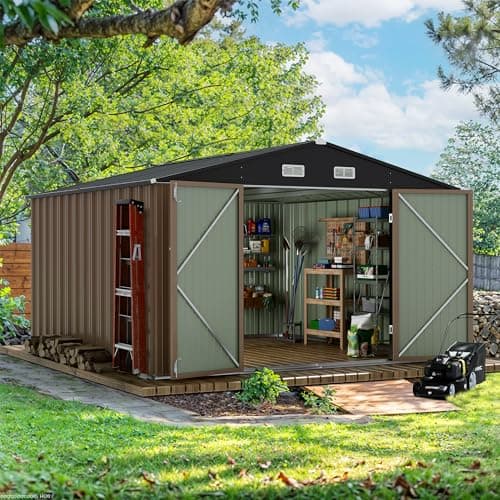 Devoko 10 x 10 FT Outdoor Storage Shed, Metal Garden Sheds & Outdoor Storage Clearance, Large Tool Shed Outdoor with Single Lockable Door for Patio Lawn Backyard (Brown)