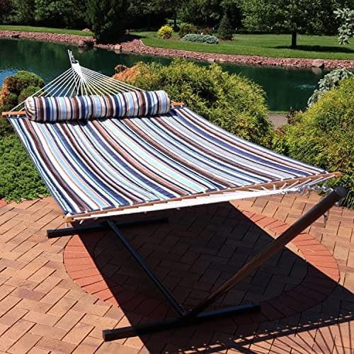 Sunnydaze Quilted Outdoor Hammock with Spreader Bars - Heavy-Duty 450-Pound Capacity Double Hammock for Outside - Ocean Isle