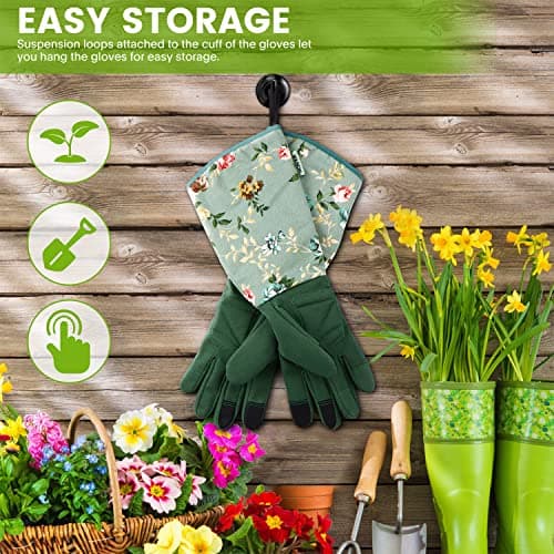 Gardening Gloves, Durable and Comfortable Women's Long Garden Gloves for Gardening Work and Yard Work, Leather Gardening Gloves for Women, Green Print (Medium)