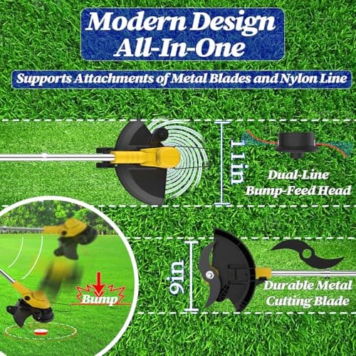 Brushless Motor Metal Blade & Dual-Line Bump-Feed Cordless Weed Wacker with Battery and Charger, Edger Lawn Tool, for Petite Yards and Residential Lawns