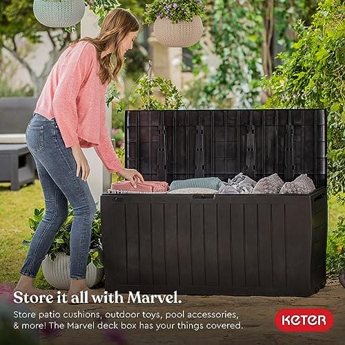 Keter Marvel Plus 71 Gallon Resin Outdoor Storage Box for Patio Storage Box Cushions, Throw Pillows, Garden Tools and Pool Floats, Brown