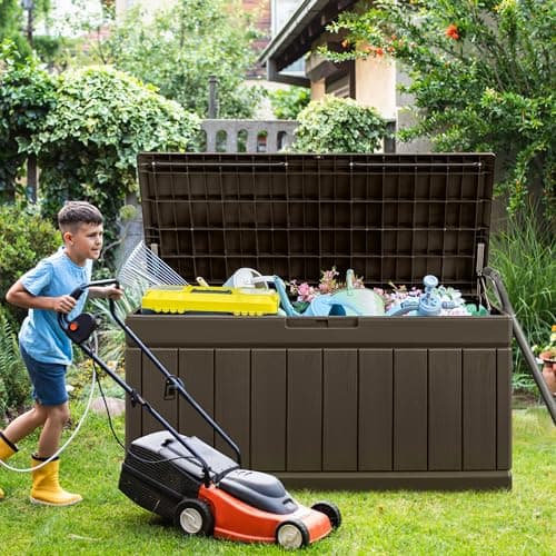 Greesum 82 Gallon Resin Deck Box Large Outdoor Storage for Patio Furniture, Garden Tools, Pool Supplies, Weatherproof and UV Resistant, Lockable, Dark Brown