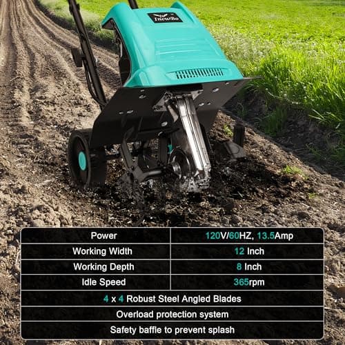 13.5 Amp 12 Inch Electric Tiller/Cultivator with 4 Steel Tines, 8'' Tilling Depth Small Garden Tiller for Gardening, Corded Rototiller with Adjustable Wheels