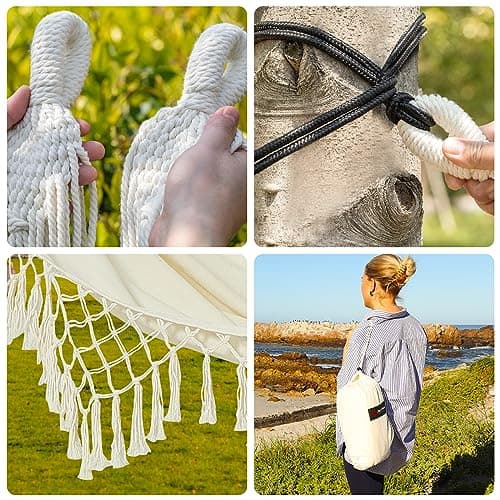 JoyView Boho Macrame Single Hammock with Hanging Ropes & Elegant Tassels 78.8x39.4 Portable Cotton Hammock for Patio Backyard Porch 300LBS Weight Capacity Perfect for Outdoor/Indoor - Beige Color