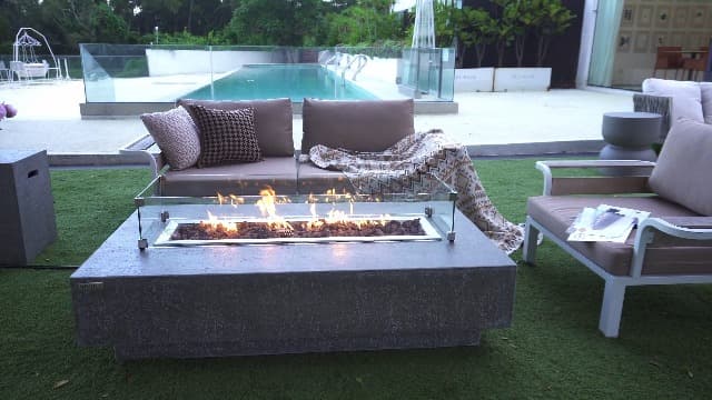 AMS Fireplace | Elementi | Large Rectangular Propane Fire Pit Table for Outside Patio | Canvas Cover, Lava Rocks, and Gas Key Valve Included | Fuel: Liquid Propane, Hampton - Light Grey