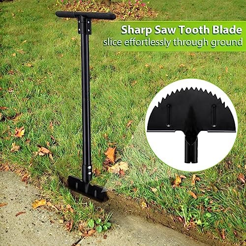 Edger Lawn Tool, Manual Half Moon Edger with Sharp Round Saw Tooth Blade and Step, Stand Up Gardening Tools for Landscaping, Borders, Sidewalk, Turf, Metal Garden Grass Edging Tool with Foam T Grip