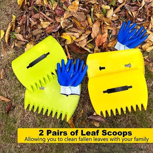 2 Sets Leaf Scoops Hand Rakes, Leaf Scoops and Claws with 2 Pairs Gloves, Lightweight Plastic Leaf Scoop, Large Leaf Grabbers for Picking Up Leaves, Clippings, Grass(2 Sets,Yellow+Green)