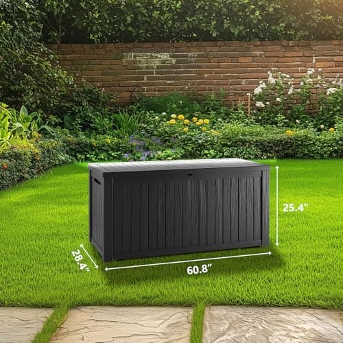 150 Gallon Waterproof Deck Box, Lockable Resin Storage Box for Patio Furniture Cushions Garden Tools and Outdoor Delivery Storage, Black