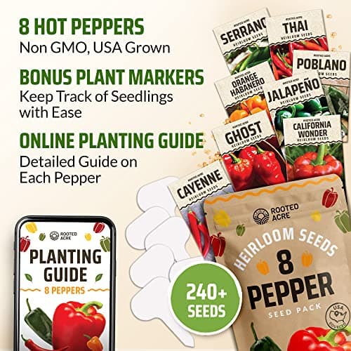 Rooted Acre 8 Varieties Hot Peppers – 240 Heirloom Seeds, 𝗡𝗢𝗡-𝗚𝗠𝗢 𝗨𝗦𝗔-𝗦𝗢𝗨𝗥𝗖𝗘𝗗, High Germination – Includes Ghost, Jalapeño, Serrano, California Wonder & More – Spicy Pepper Garden Mix