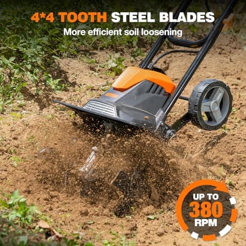Alloyman 10-Amp Electric Tiller Cultivator, 14 Inch Tilling Width 8.7-Inch Corded Tiller with Foldable Handle, Adjustable Wheels Rototiller for Garden Lawn Yard Soil Cultivation