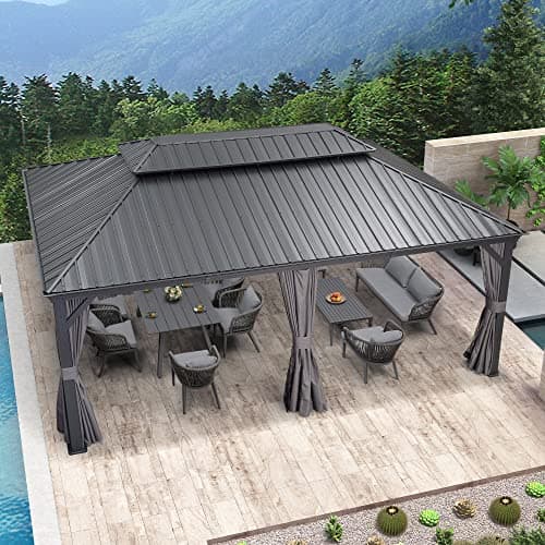PURPLE LEAF 12' X 20' Permanent Hardtop Gazebo Aluminum Gazebo with Galvanized Steel Double Roof for Patio Lawn and Garden, Curtains and Netting Included, Grey