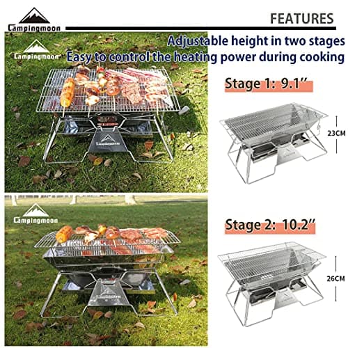 CAMPINGMOON Portable Camping Fire Pit Stainless Steel Foldable Collapsible BBQ Grill Wood Burning Charcoal 20x13-inch with Carrying Bag MT-3