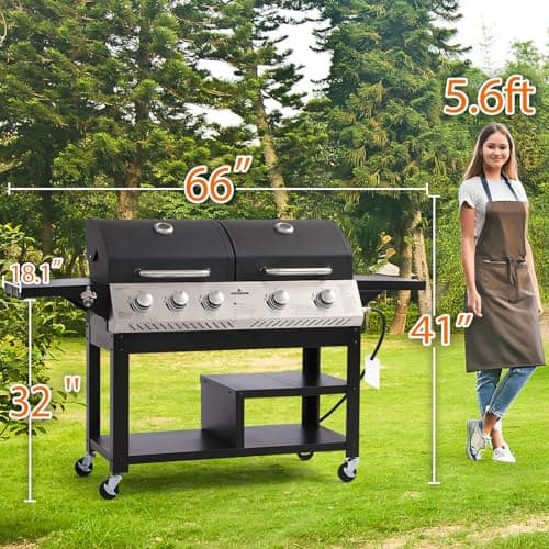 5-Burner Propane Gas Grill,griddle grill combo Double Grills with Storage space,54,000 BTU 627 SQ.IN.Output Stainless Steel Grill for Outdoor Cooking Kitchen, Garden and Patio Backyard Barbecue
