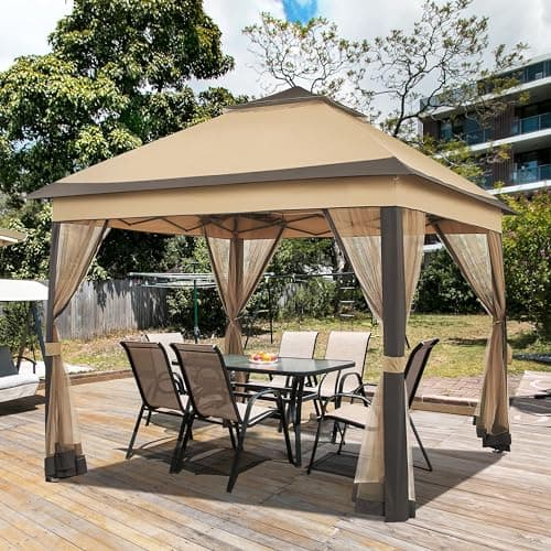 Yaheetech 11x11 Pop Up Gazebo Outdoor Canopy Shelter, Instant Patio Gazebo Sun Shade Canopy Tent with 4 Sandbags, Double Tiers & Mesh Netting for Lawn, Garden, Backyard & Deck, Khaki