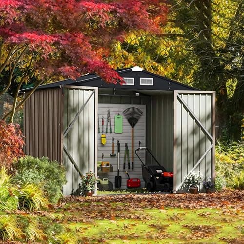 GVDV 8x6 FT Outdoor Storage Shed with Air Vent & Lockable Doors, Durable Metal Outside Storage for Garden, Patio and Backyard, Waterproof Shelter for Tools, Bike (7.33'x5.28' Base, No Floor)