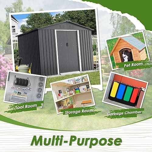 6x8 FT Outdoor Storage Shed, Metal Shed Kit with Double Doorknobs and Air Vents, Double Sloping Roof Garden Shed, Galvanized Shed with Sliding Door (Grey)