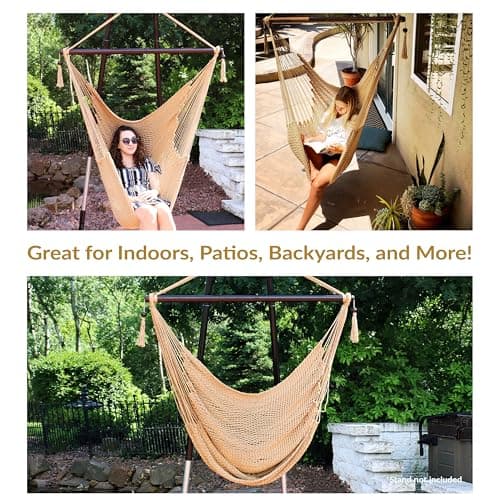 Sunnydaze Outdoor Hammock Chair Swing - Hanging Hammock Swing - Hanging Reading Chair - Soft-Spun Polyester Rope - Caribbean XL - Tan