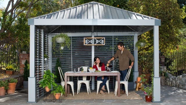Sojag 12' x 12' Genova II Hardtop Gazebo Outdoor Weather-Resistant Aluminum Frame Shelter with Mosquito Net Black,Brown